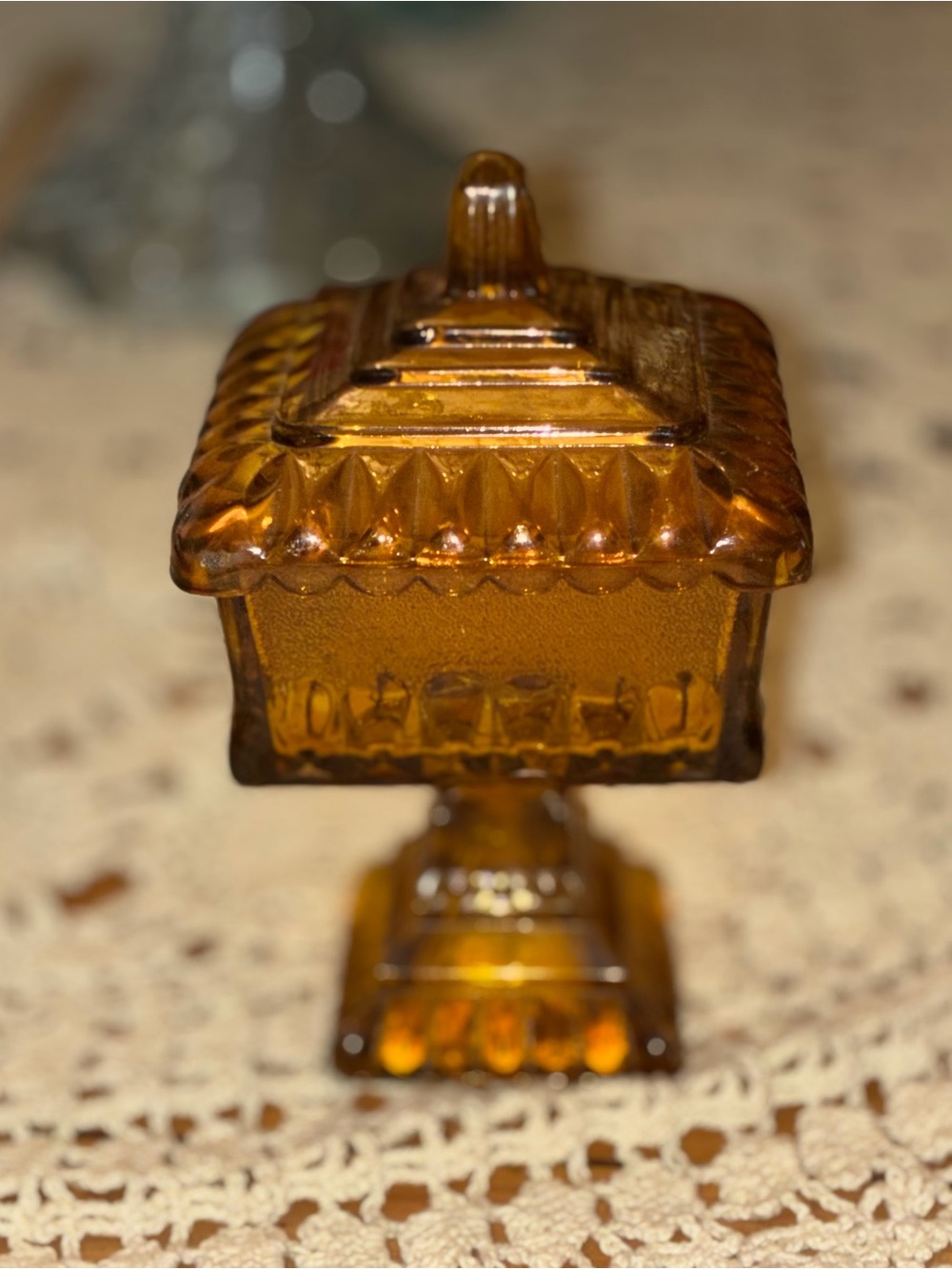 Jeannette Glass Co. Vintage Amber Glass Covered Candy Dish